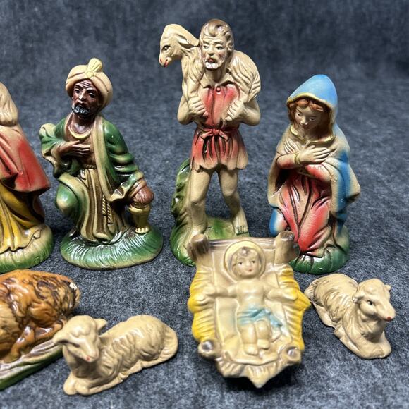 Vintage 11pc Nativity Figurines Made in Japan Old Paper Mache Christmas Set - Picture 2 of 15
